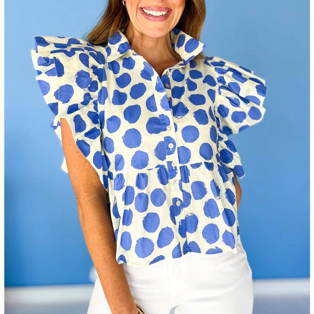 JODIFL White and Blue Polka Dot Ruffle Blouse - Picture 2 of 10